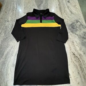 Remini Mardi Gras Mini Polo Dress Collared 3/4 Sleeve Black Striped Sz XL Parade